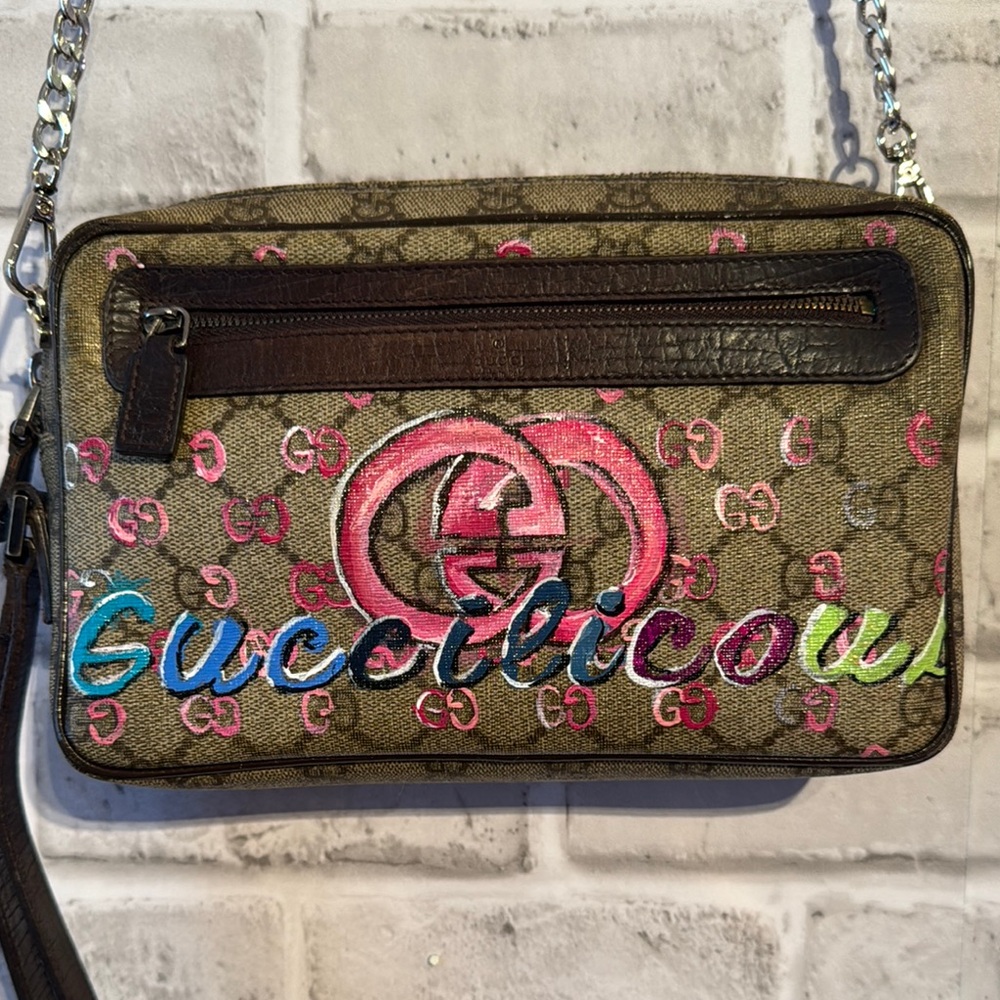 Gucci Pink and Brown Monogram Crossbody/Clutch Bag w/ chain One of a Kind - Picture 2 of 10